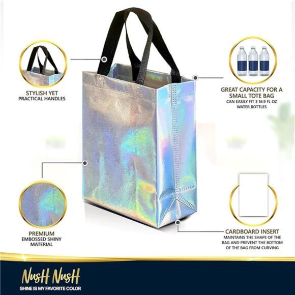 Iridescent Gift Bags Medium Size – Set of 12 Stunning Holographic Reusable Bags - Picture 4 of 7